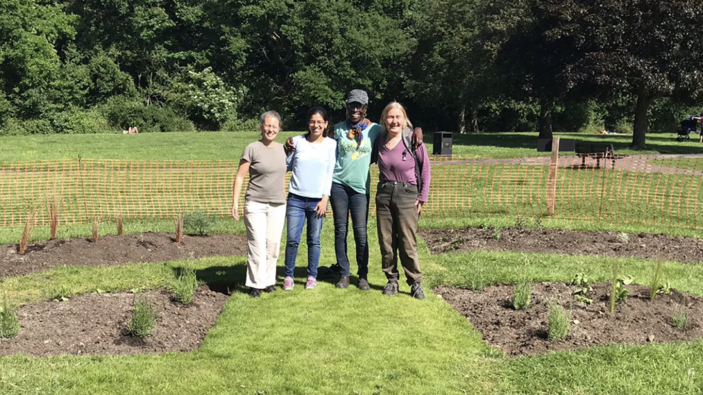 The Sensory garden at Forster Memorial Park in June 2022 with some of the team who have designed and created it